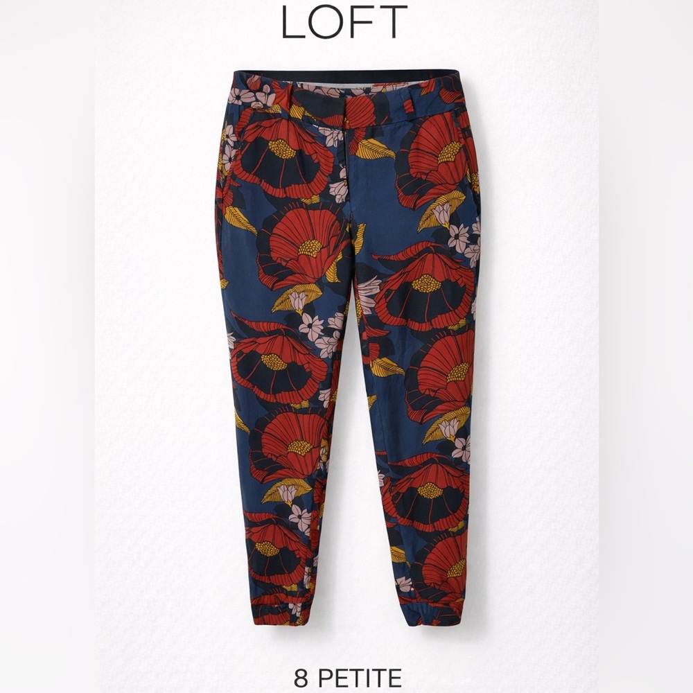 LOFT Navy Floral Ankle Pants with Red & Mustard Accents